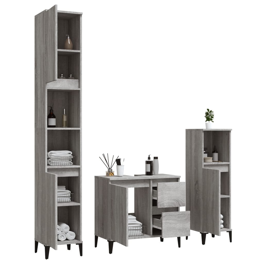 3-delige Badkamermeubelset bewerkt hout grijs sonoma eikenkleur is nu te koop bij PeponiXL, paradijselijk wonen!