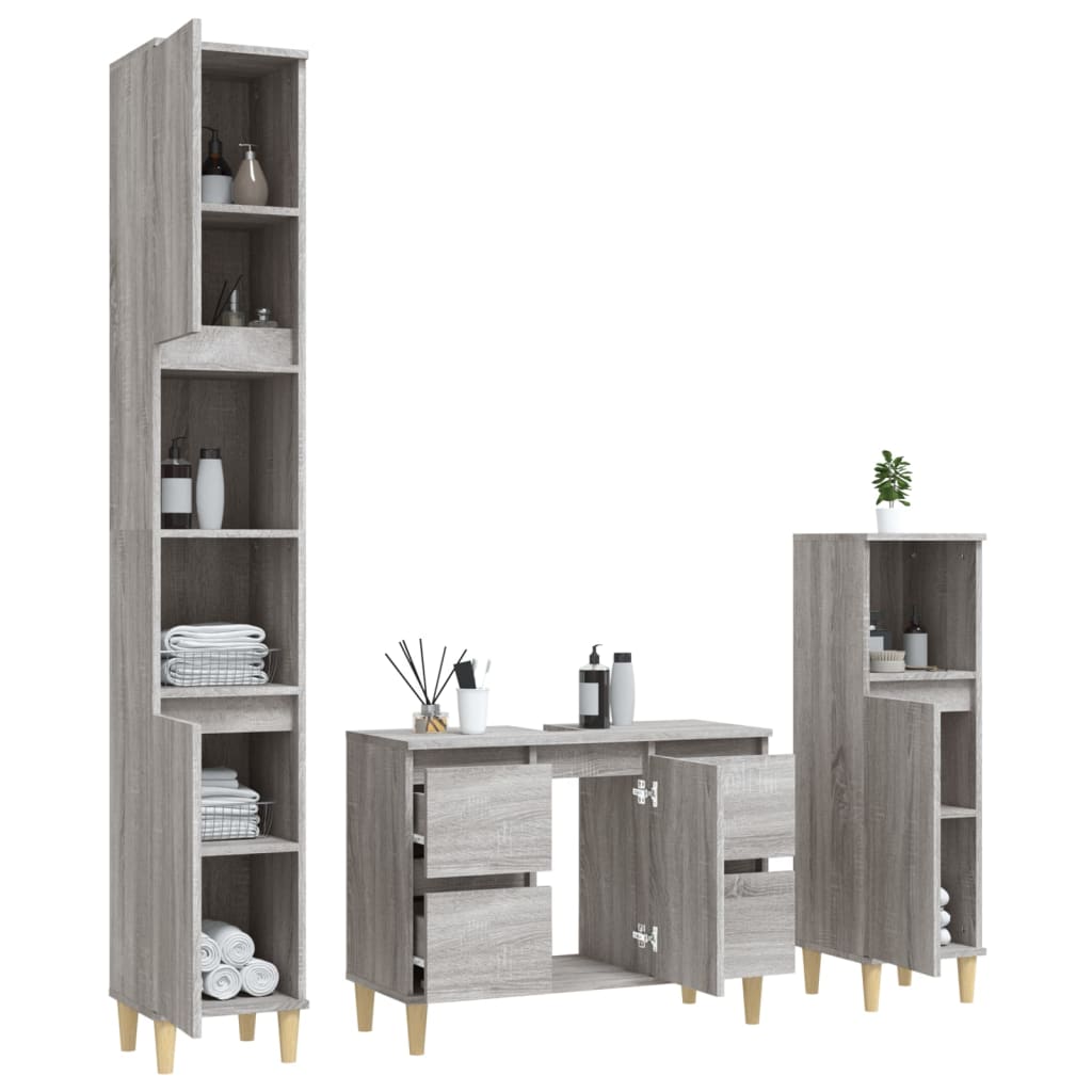 3-delige Badkamermeubelset bewerkt hout grijs sonoma eikenkleur is nu te koop bij PeponiXL, paradijselijk wonen!