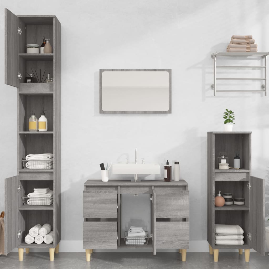 3-delige Badkamermeubelset bewerkt hout grijs sonoma eikenkleur is nu te koop bij PeponiXL, paradijselijk wonen!