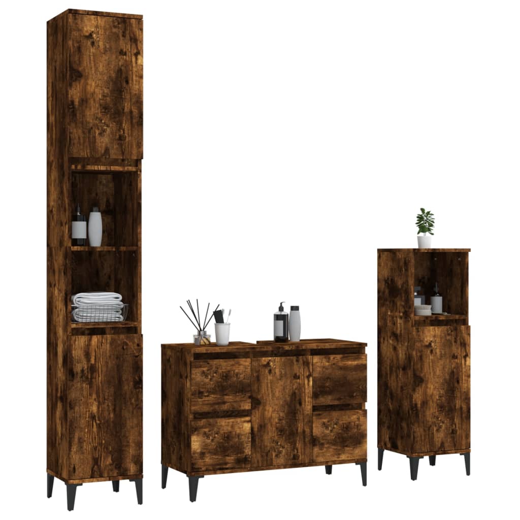 3-delige Badkamermeubelset bewerkt hout gerookt eikenkleurig is nu te koop bij PeponiXL, paradijselijk wonen!