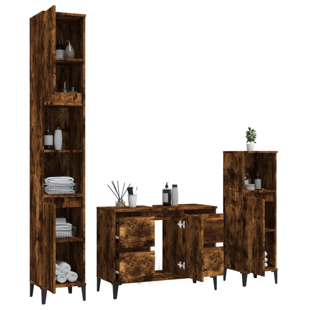 3-delige Badkamermeubelset bewerkt hout gerookt eikenkleurig is nu te koop bij PeponiXL, paradijselijk wonen!