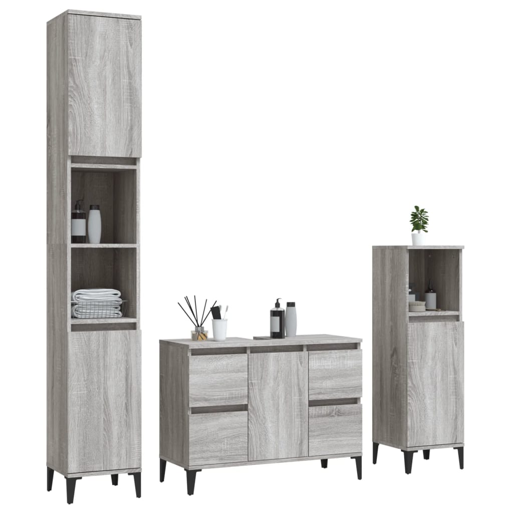 3-delige Badkamermeubelset bewerkt hout grijs sonoma eikenkleur is nu te koop bij PeponiXL, paradijselijk wonen!
