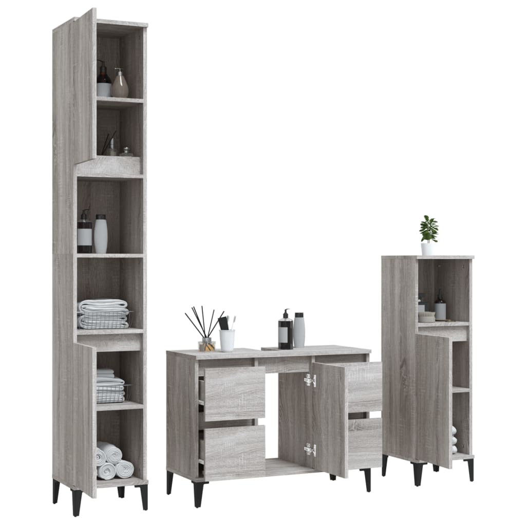 3-delige Badkamermeubelset bewerkt hout grijs sonoma eikenkleur is nu te koop bij PeponiXL, paradijselijk wonen!