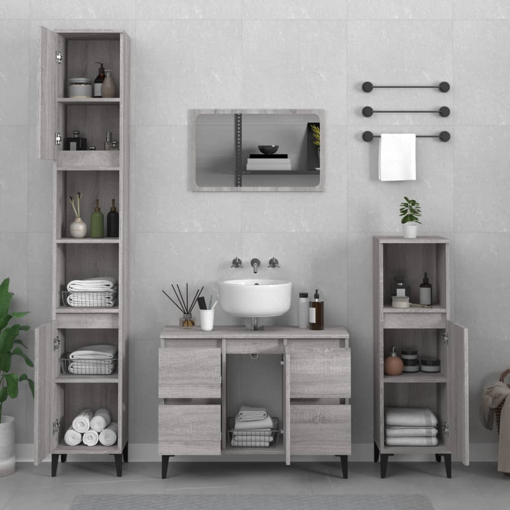 3-delige Badkamermeubelset bewerkt hout grijs sonoma eikenkleur is nu te koop bij PeponiXL, paradijselijk wonen!