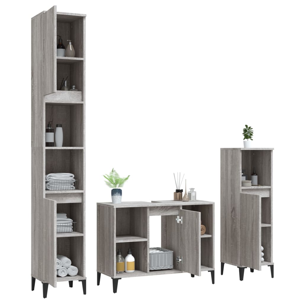 3-delige Badkamermeubelset bewerkt hout grijs sonoma eikenkleur is nu te koop bij PeponiXL, paradijselijk wonen!