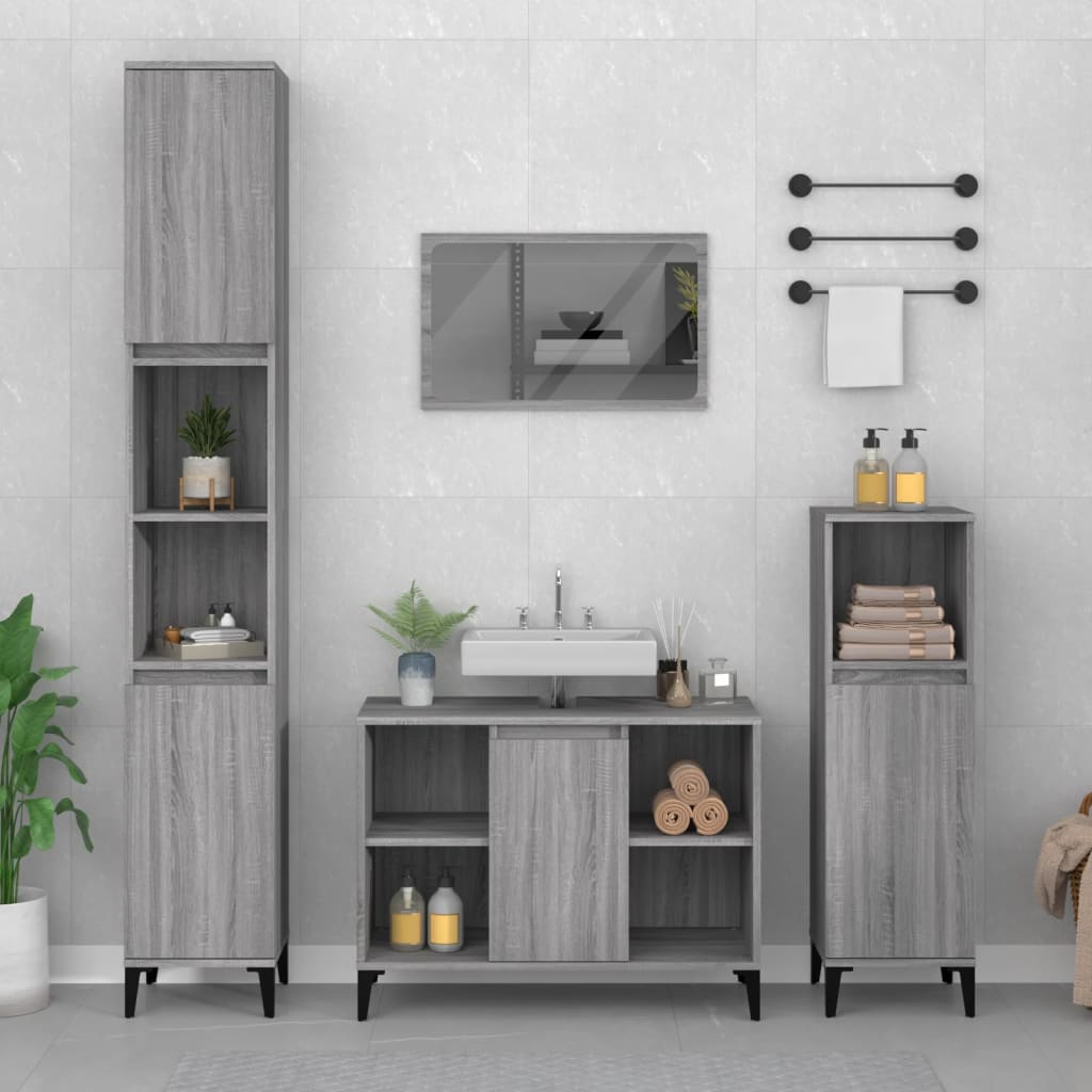 3-delige Badkamermeubelset bewerkt hout grijs sonoma eikenkleur is nu te koop bij PeponiXL, paradijselijk wonen!