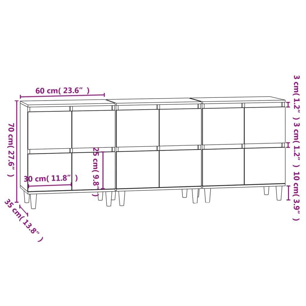 Dressoirs 3 st 60x35x70 cm bewerkt hout zwart is nu te koop bij PeponiXL, paradijselijk wonen!