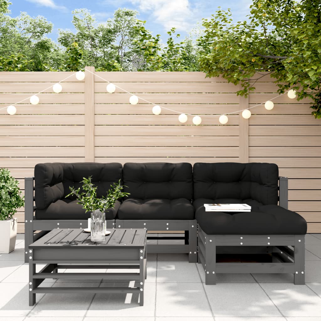 5-delige Loungeset met kussens massief hout grijs is nu te koop bij PeponiXL, paradijselijk wonen!