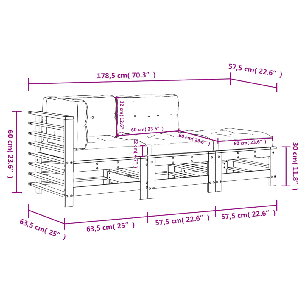 3-delige Loungeset met kussens massief hout is nu te koop bij PeponiXL, paradijselijk wonen!