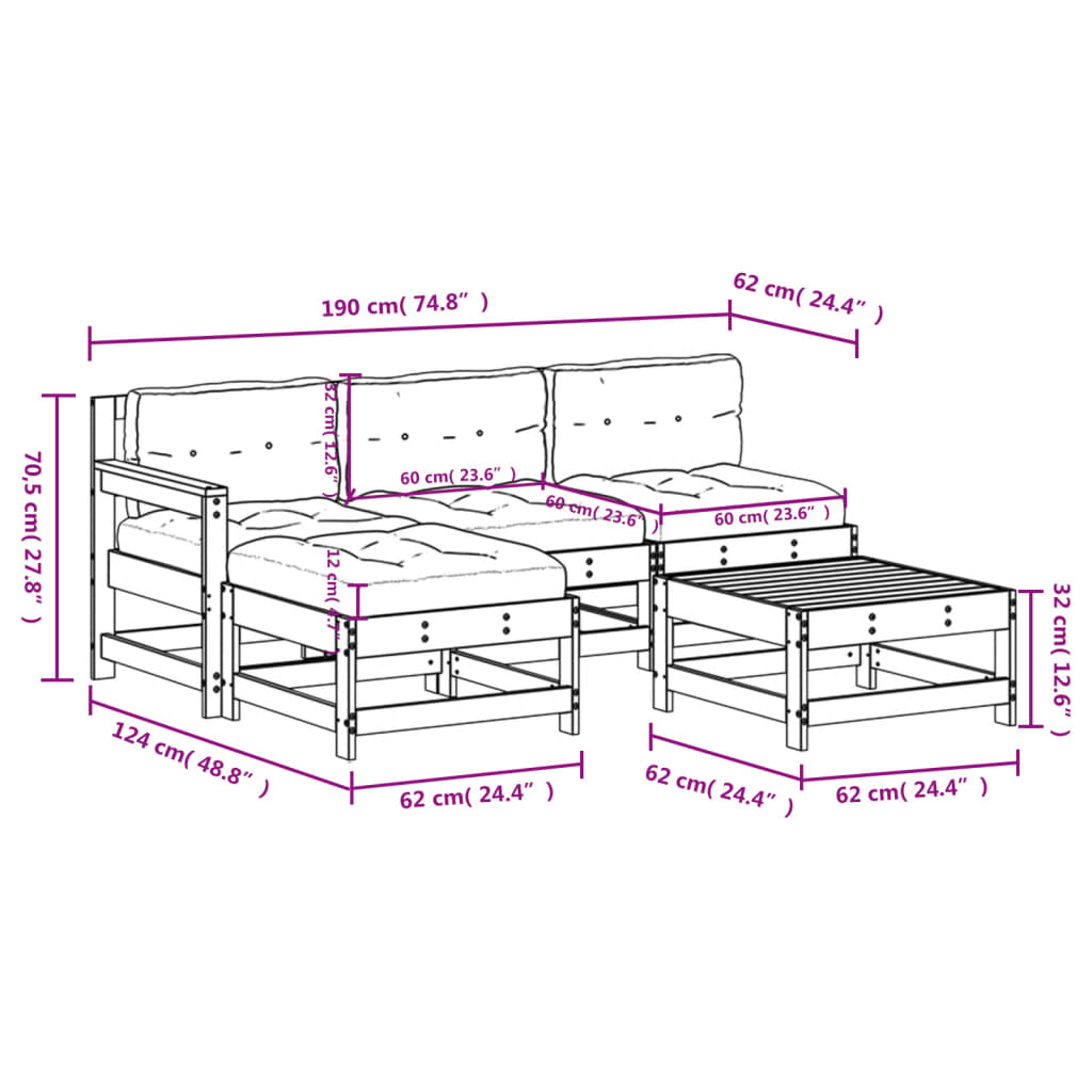 5-delige Loungeset met kussens massief hout wit is nu te koop bij PeponiXL, paradijselijk wonen!