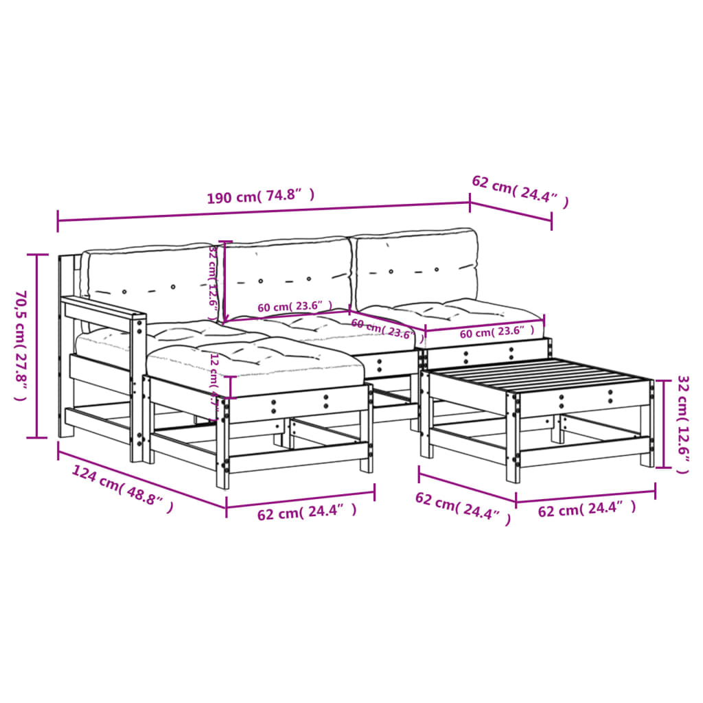 5-delige Loungeset met kussens massief hout grijs is nu te koop bij PeponiXL, paradijselijk wonen!