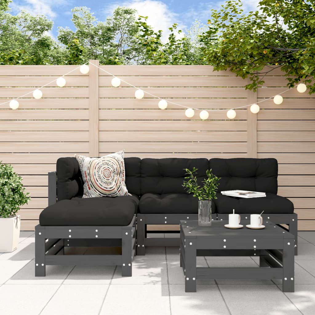 5-delige Loungeset met kussens massief hout grijs is nu te koop bij PeponiXL, paradijselijk wonen!