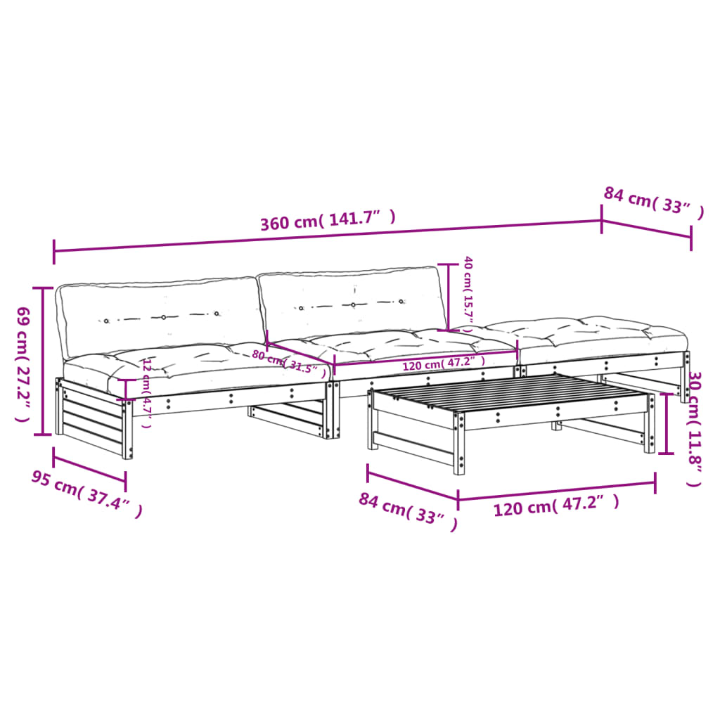4-delige Loungeset met kussens massief hout wit is nu te koop bij PeponiXL, paradijselijk wonen!