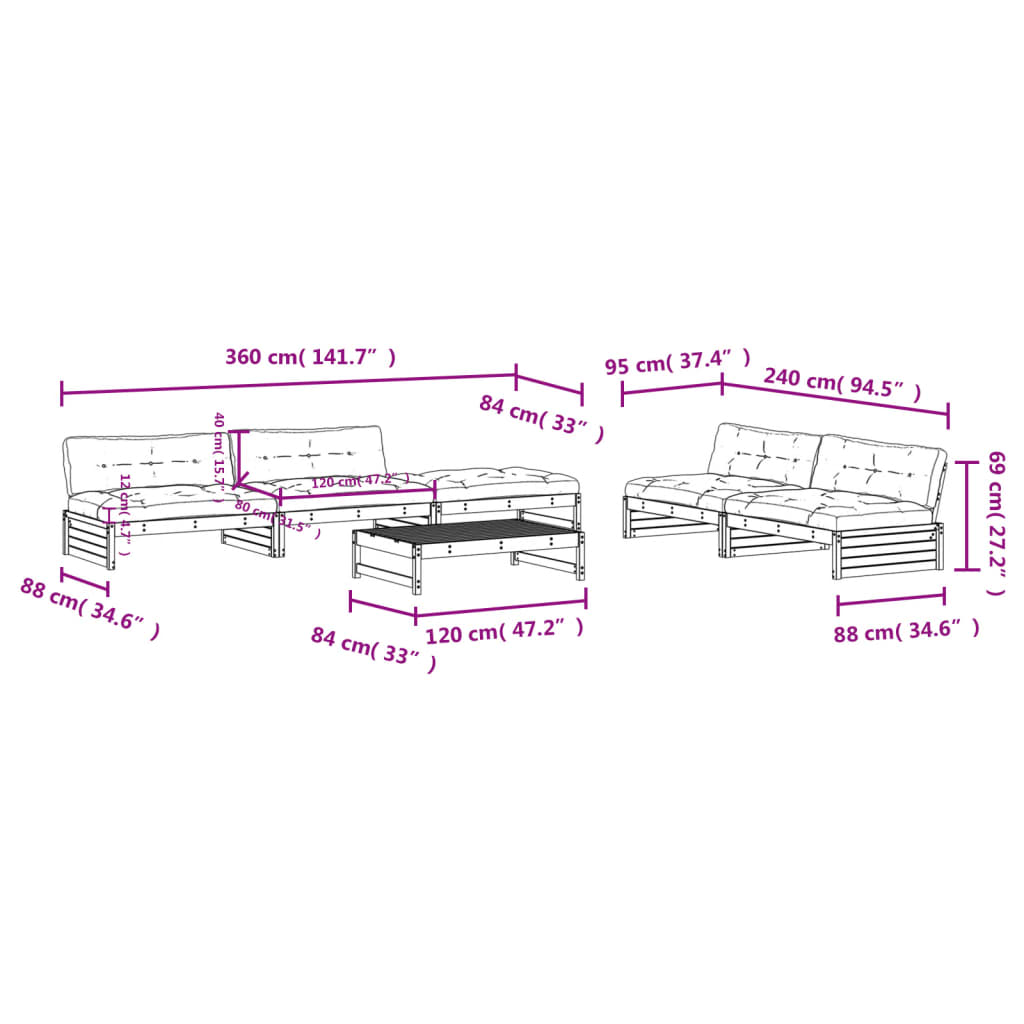 6-delige Loungeset met kussens massief hout wit is nu te koop bij PeponiXL, paradijselijk wonen!