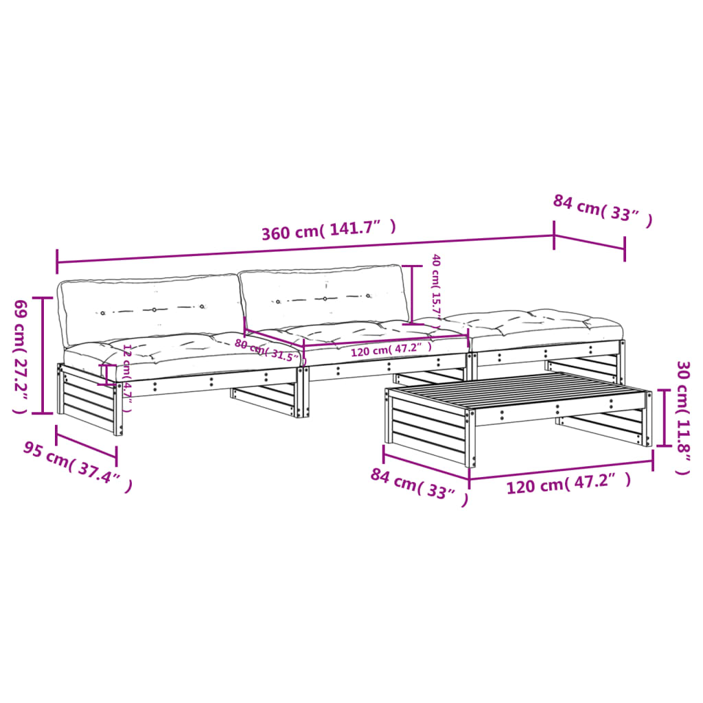4-delige Loungeset met kussens massief hout wit is nu te koop bij PeponiXL, paradijselijk wonen!