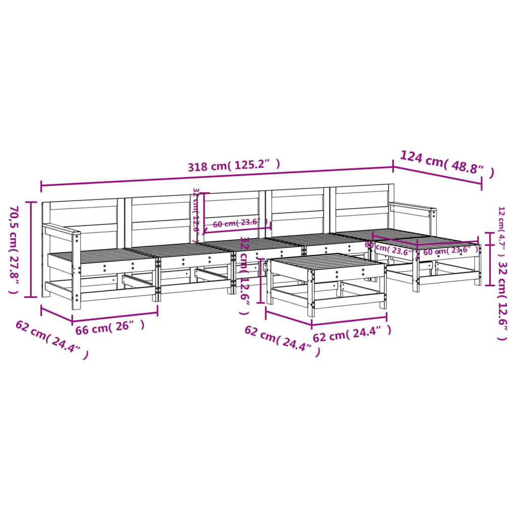 7-delige Loungeset massief grenenhout wit