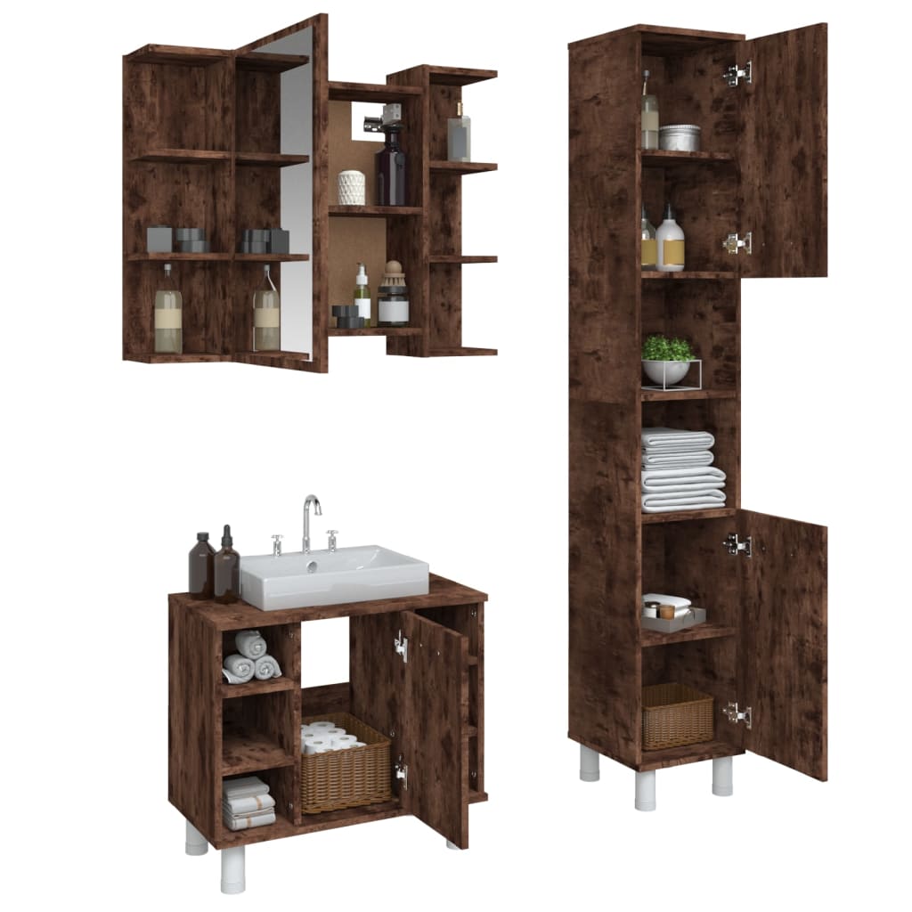 3-delige Badkamermeubelset bewerkt hout gerookt eikenkleurig is nu te koop bij PeponiXL, paradijselijk wonen!
