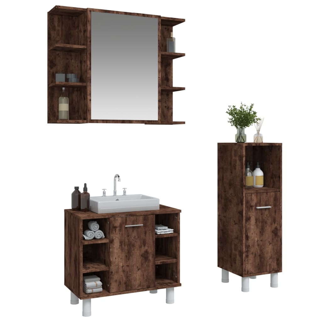 3-delige Badkamermeubelset bewerkt hout gerookt eikenkleurig is nu te koop bij PeponiXL, paradijselijk wonen!