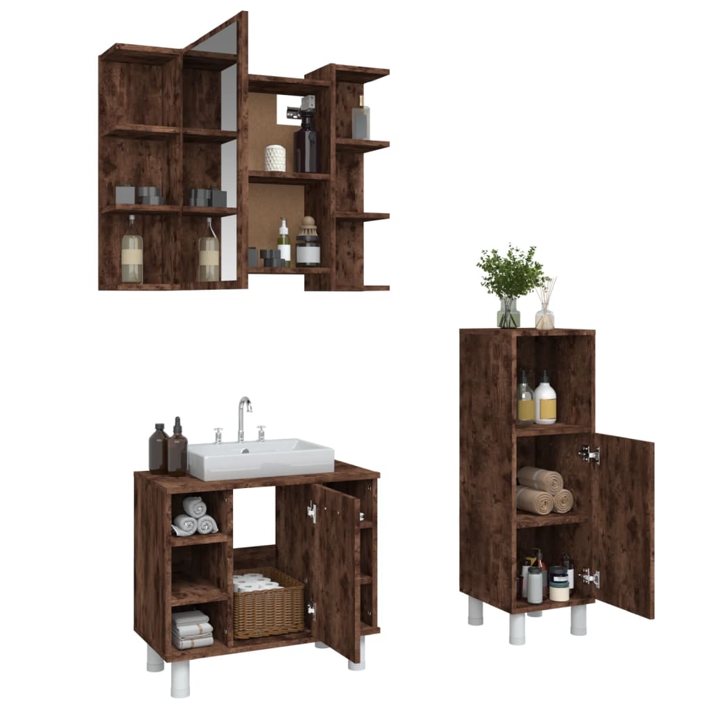 3-delige Badkamermeubelset bewerkt hout gerookt eikenkleurig is nu te koop bij PeponiXL, paradijselijk wonen!