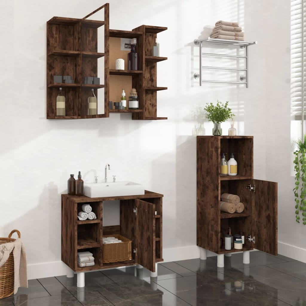 3-delige Badkamermeubelset bewerkt hout gerookt eikenkleurig is nu te koop bij PeponiXL, paradijselijk wonen!