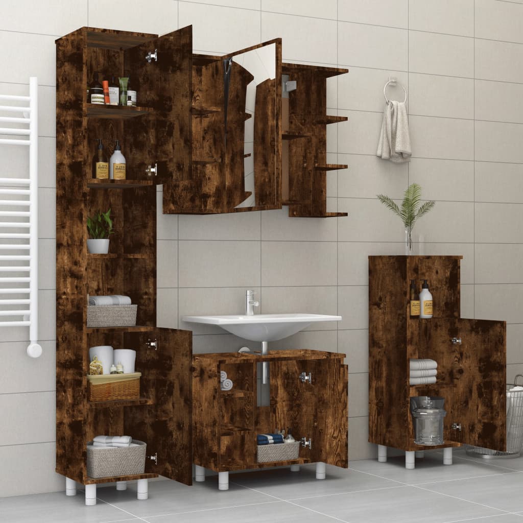 4-delige Badkamermeubelset bewerkt hout gerookt eikenkleurig is nu te koop bij PeponiXL, paradijselijk wonen!