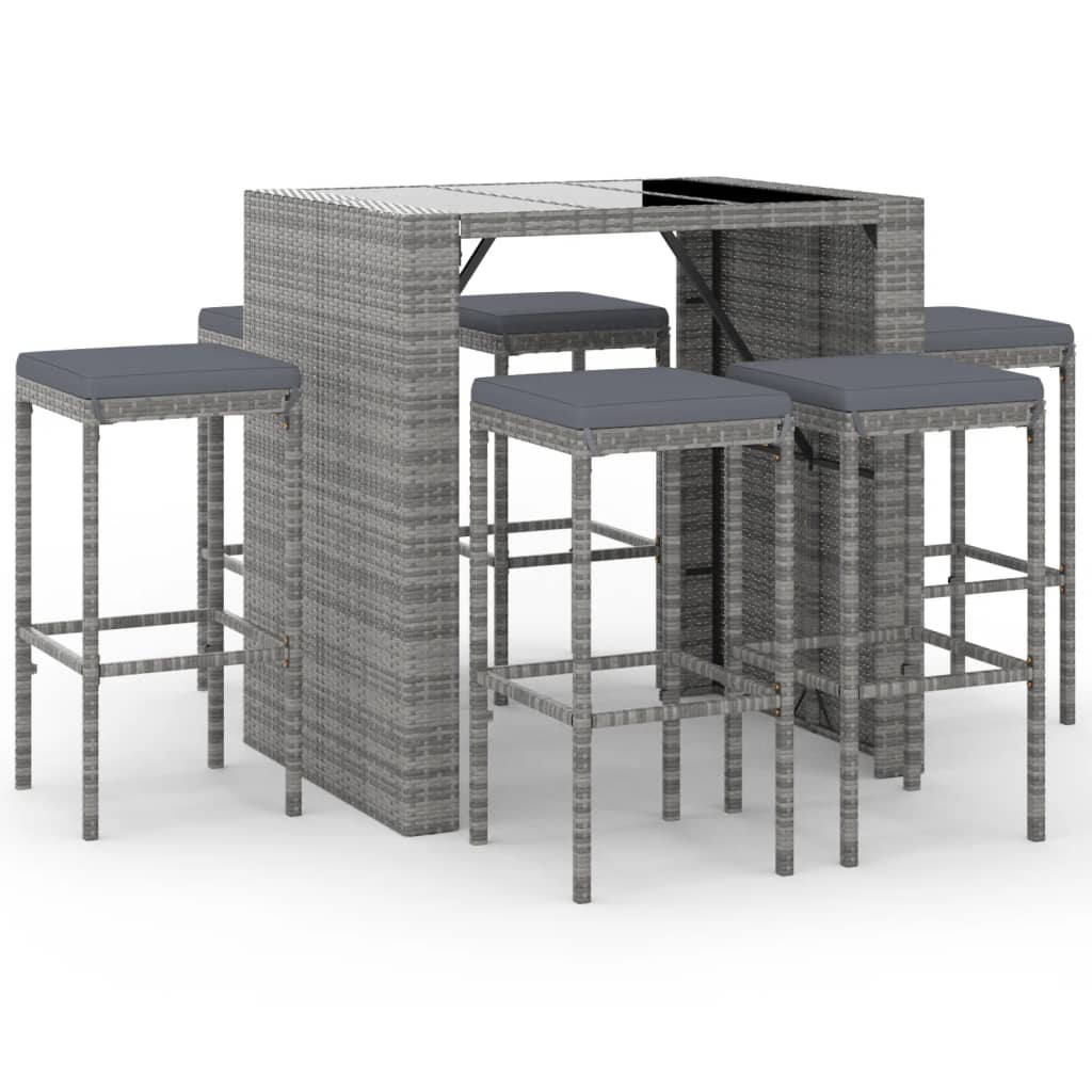 7-delige Tuinbarset met kussens poly rattan grijs