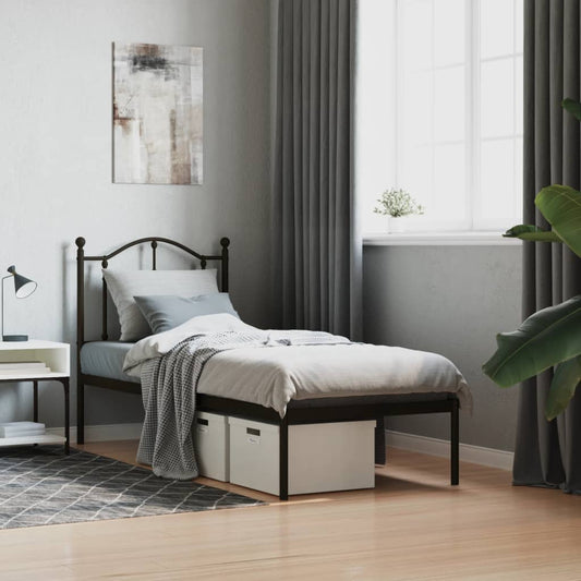 Bedframe met hoofdbord metaal zwart 75x190 cm is nu te koop bij PeponiXL, paradijselijk wonen!