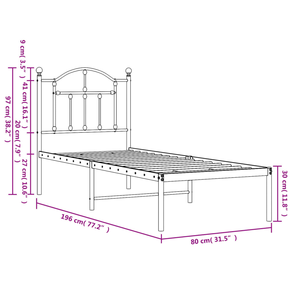 Bedframe met hoofdbord zonder matras metaal wit 75x190 cm is nu te koop bij PeponiXL, paradijselijk wonen!
