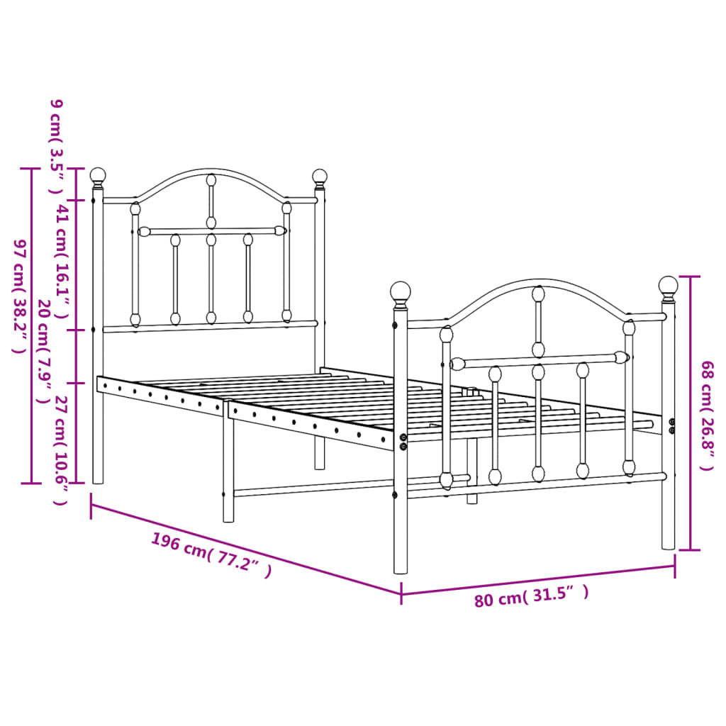 Bedframe met hoofd- en voeteneinde metaal wit 75x190 cm is nu te koop bij PeponiXL, paradijselijk wonen!