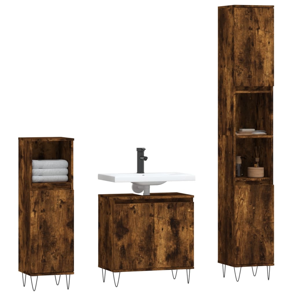 3-delige Badkamermeubelset bewerkt hout gerookt eikenkleurig is nu te koop bij PeponiXL, paradijselijk wonen!