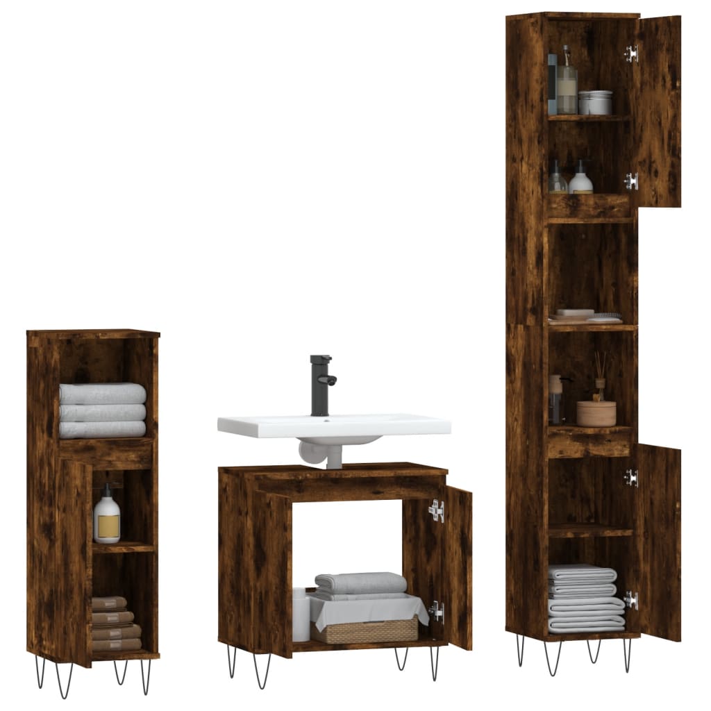 3-delige Badkamermeubelset bewerkt hout gerookt eikenkleurig is nu te koop bij PeponiXL, paradijselijk wonen!