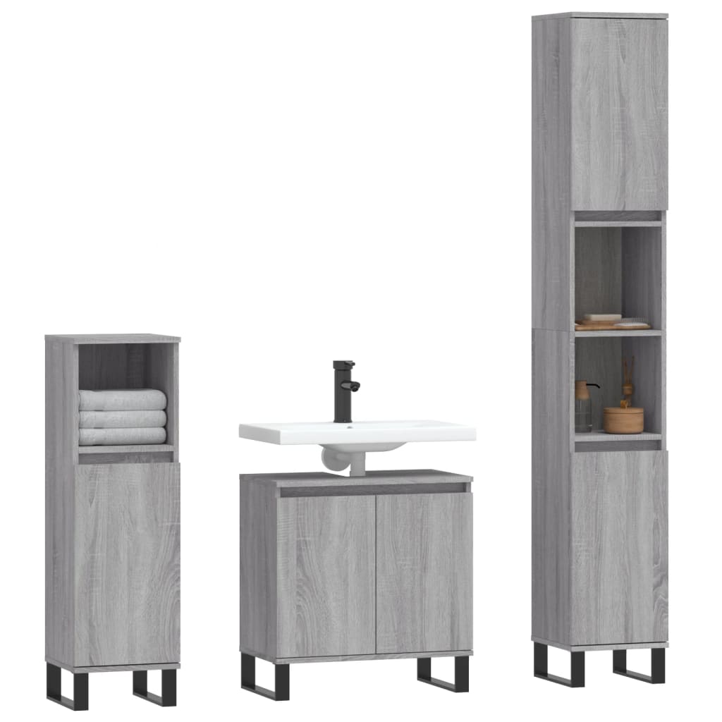 3-delige Badkamermeubelset bewerkt hout grijs sonoma eikenkleur is nu te koop bij PeponiXL, paradijselijk wonen!
