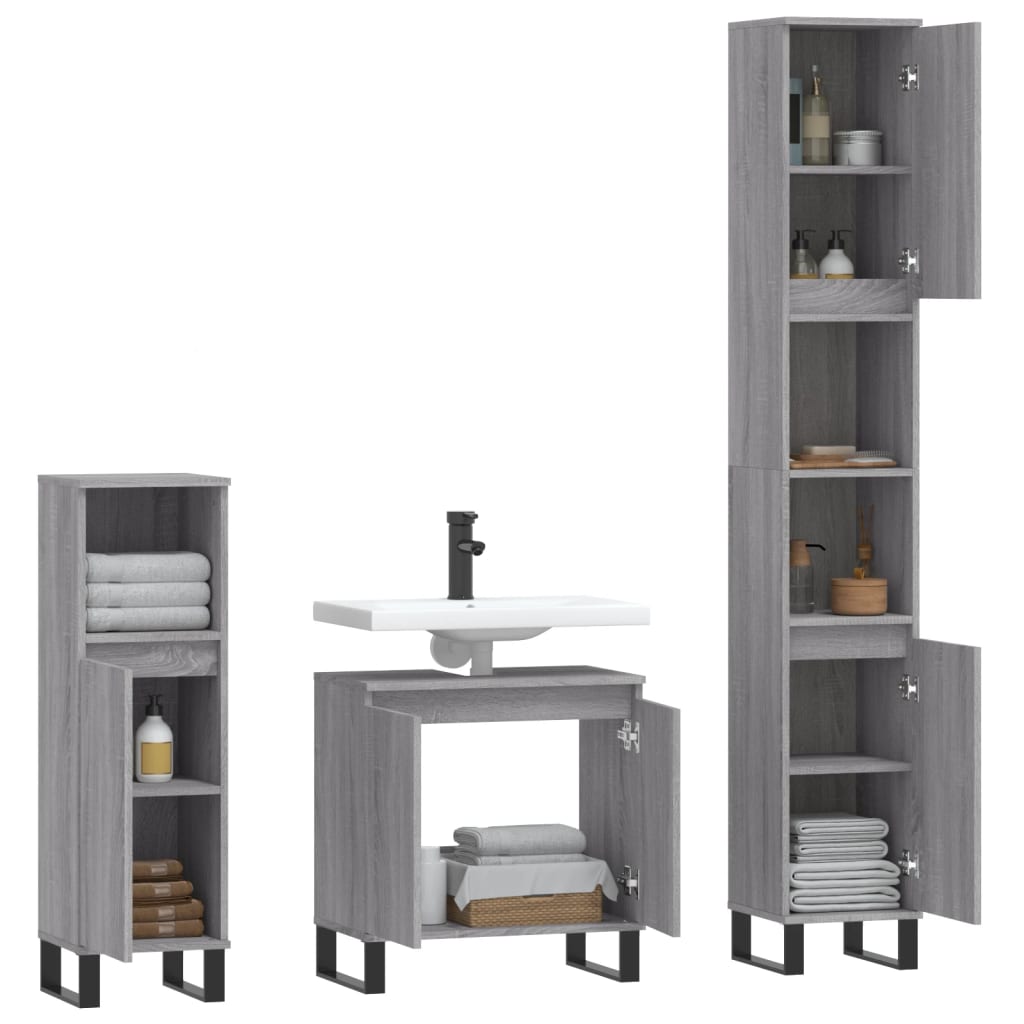 3-delige Badkamermeubelset bewerkt hout grijs sonoma eikenkleur is nu te koop bij PeponiXL, paradijselijk wonen!