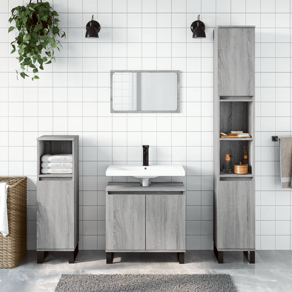 3-delige Badkamermeubelset bewerkt hout grijs sonoma eikenkleur is nu te koop bij PeponiXL, paradijselijk wonen!