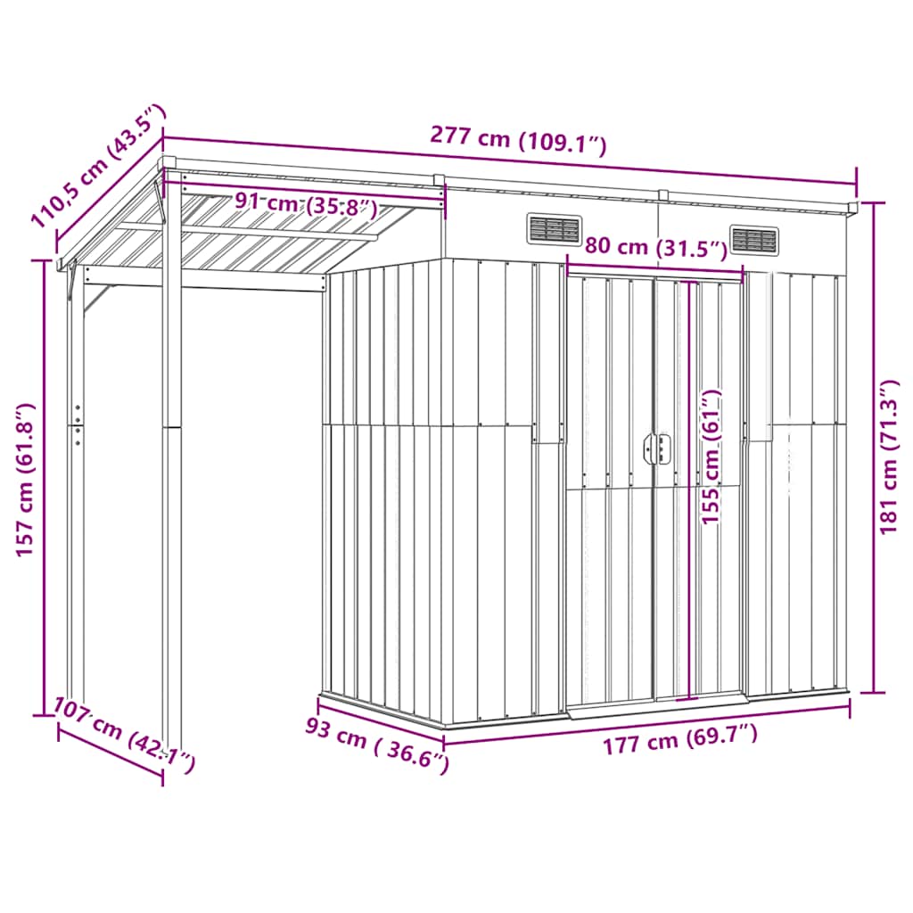 Tuinschuur met verlengd dak 277x107x181 cm staal antraciet is nu te koop bij PeponiXL, paradijselijk wonen!
