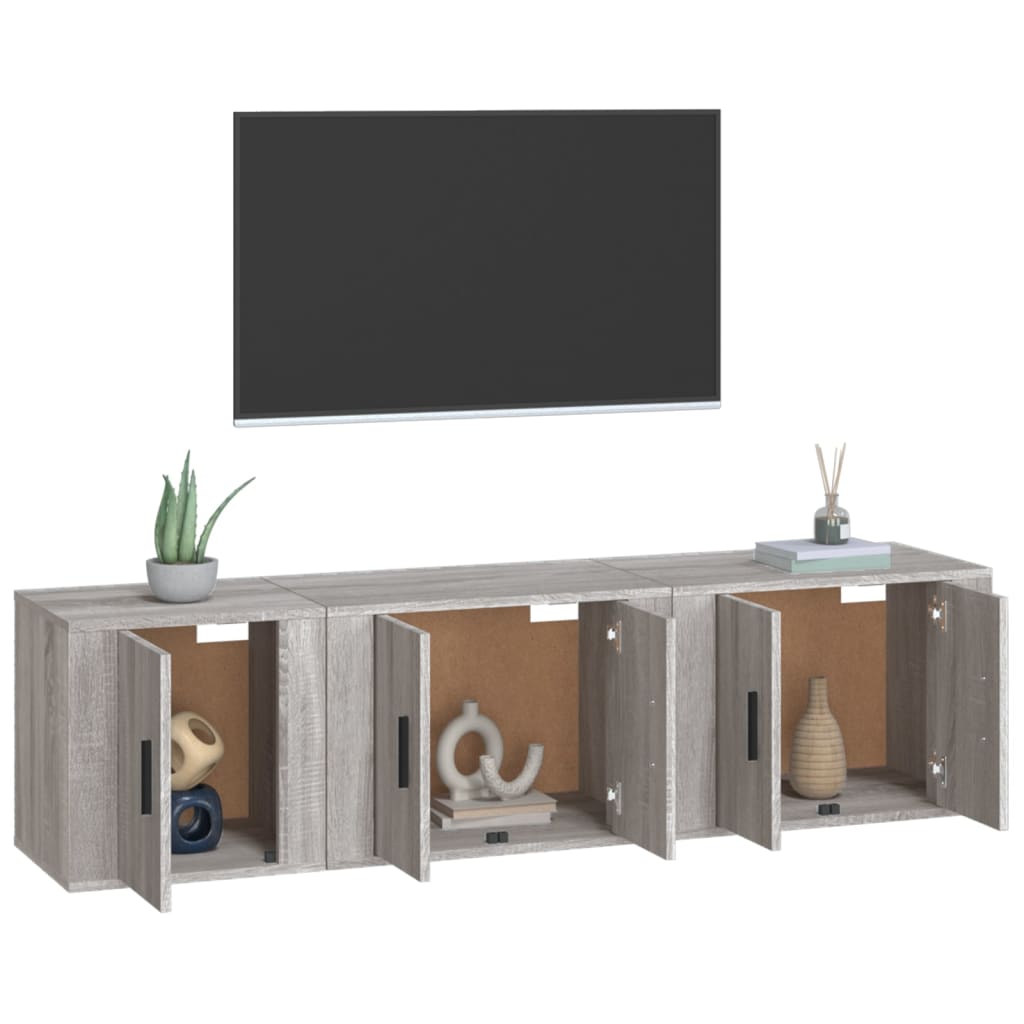 3-delige Tv-meubelset bewerkt hout grijs sonoma eikenkleurig is nu te koop bij PeponiXL, paradijselijk wonen!