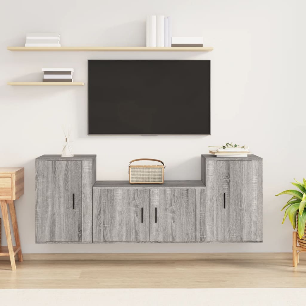 3-delige Tv-meubelset bewerkt hout grijs sonoma eikenkleurig is nu te koop bij PeponiXL, paradijselijk wonen!