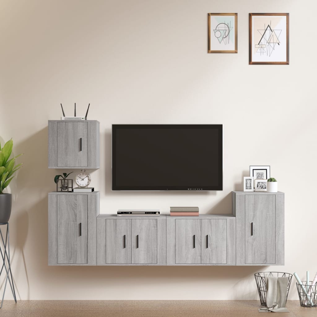 5-delige Tv-meubelset bewerkt hout grijs sonoma eikenkleurig is nu te koop bij PeponiXL, paradijselijk wonen!