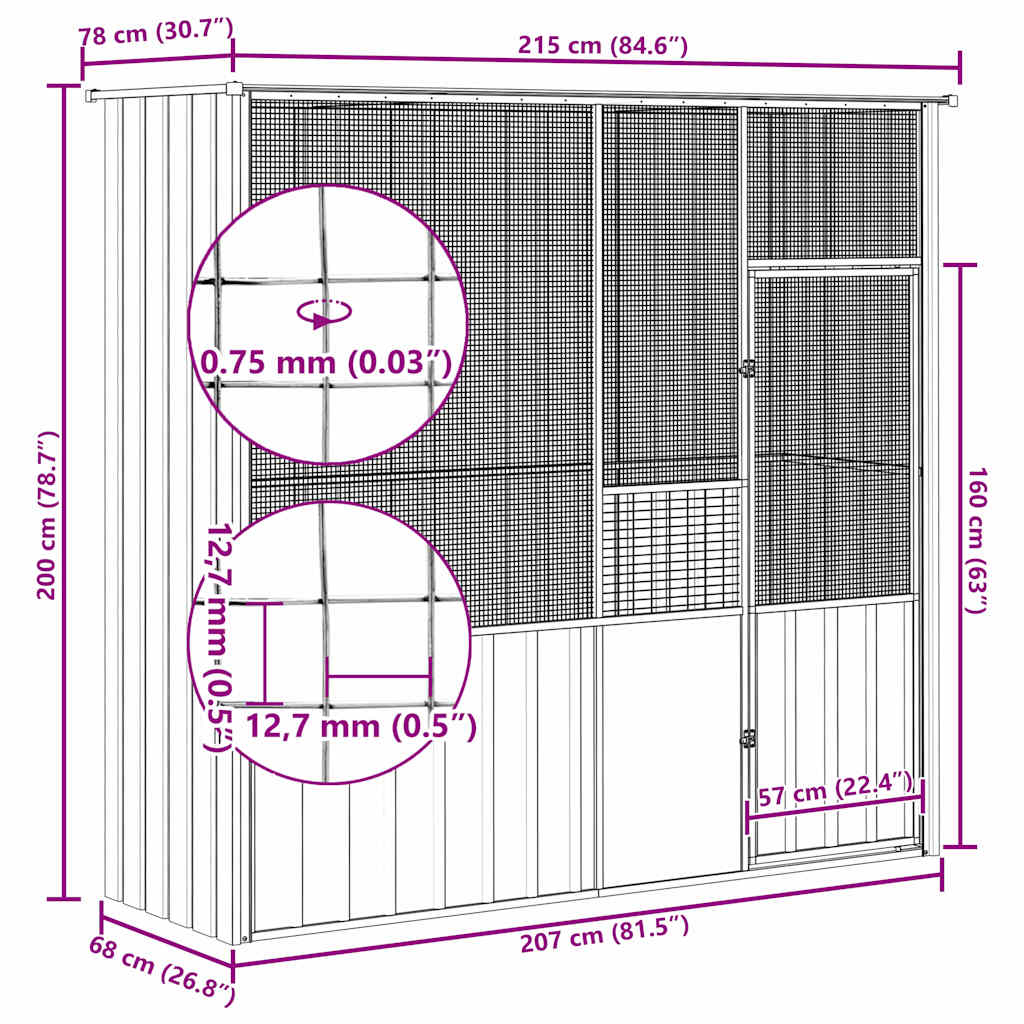 Vogelkooi 215x78x200 cm gegalvaniseerd staal antracietkleurig is nu te koop bij PeponiXL, paradijselijk wonen!