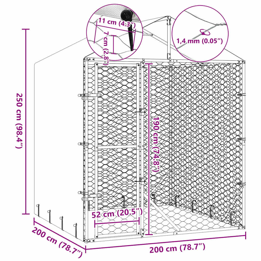 Hondenkennel met dak 2x2x2,5 m gegalvaniseerd staal zilver is nu te koop bij PeponiXL, paradijselijk wonen!