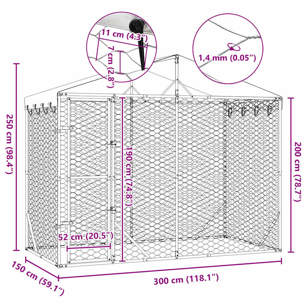 Hondenkennel met dak 3x1,5x2,5 m gegalvaniseerd staal zilver is nu te koop bij PeponiXL, paradijselijk wonen!