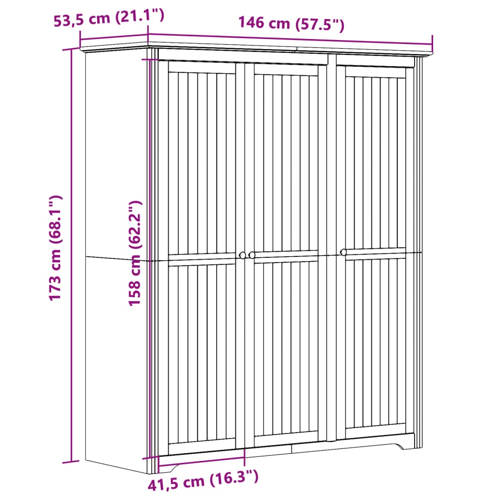 Kledingkast BODO 146x53,5x173 cm massief grenenhout wit is nu te koop bij PeponiXL, paradijselijk wonen!