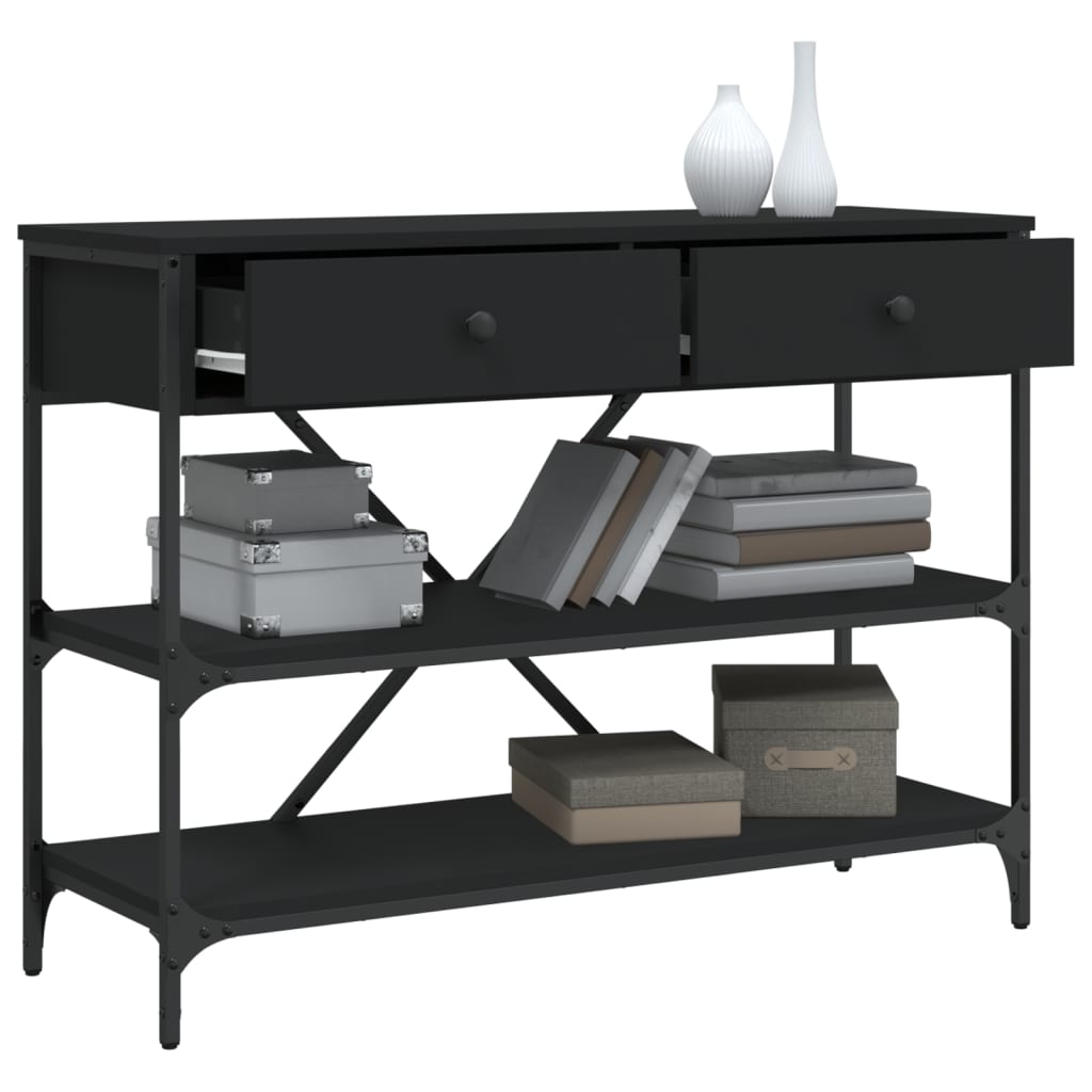 Wandtafel met lades en schappen bewerkt hout zwart is nu te koop bij PeponiXL, paradijselijk wonen!