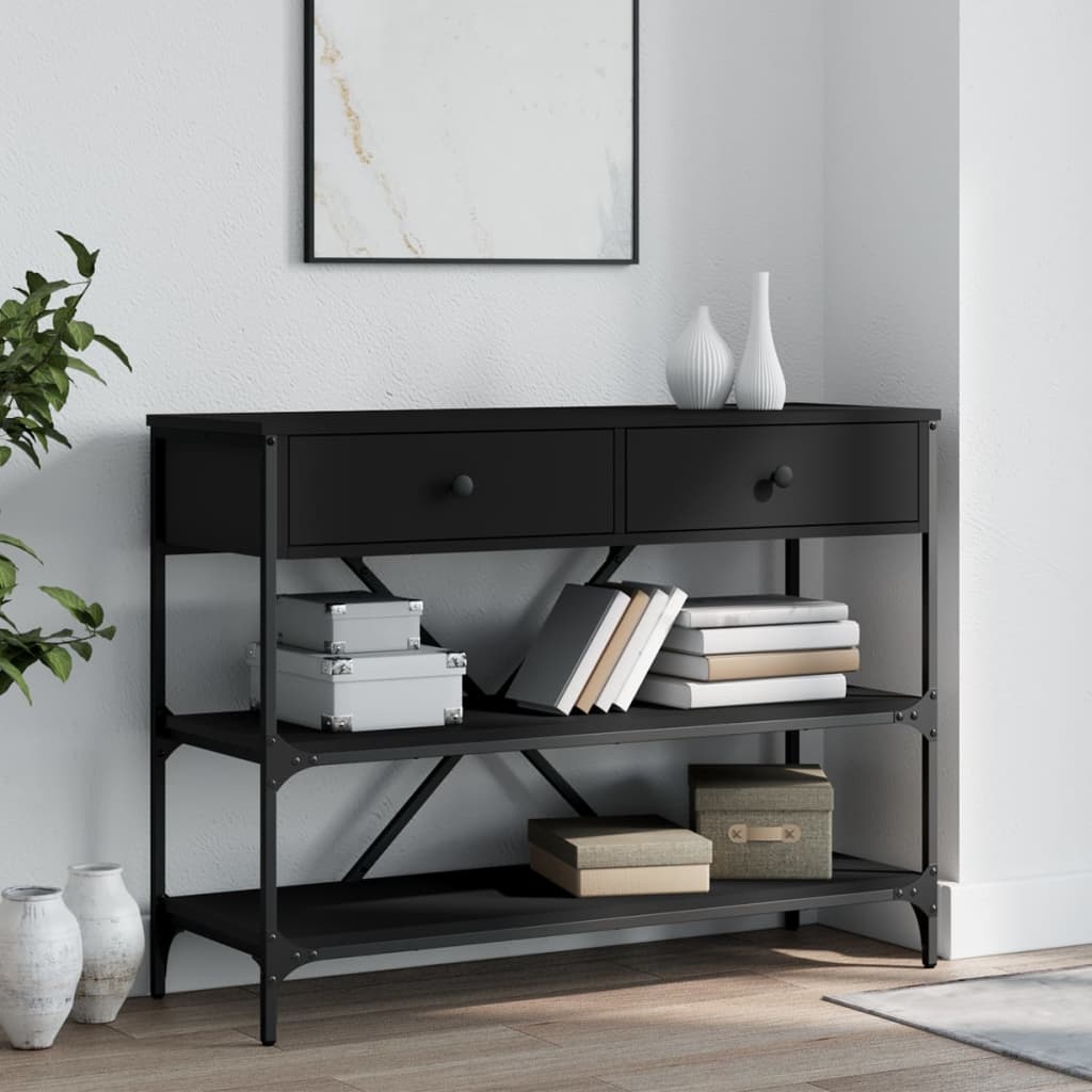 Wandtafel met lades en schappen bewerkt hout zwart is nu te koop bij PeponiXL, paradijselijk wonen!