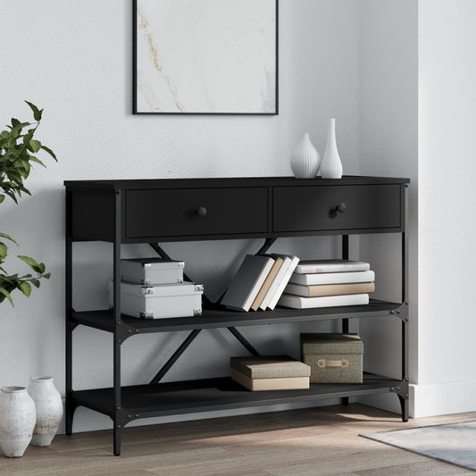 Wandtafel met lades en schappen bewerkt hout zwart is nu te koop bij PeponiXL, paradijselijk wonen!