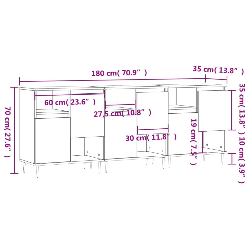 Dressoirs 3 st bewerkt hout betongrijs is nu te koop bij PeponiXL, paradijselijk wonen!