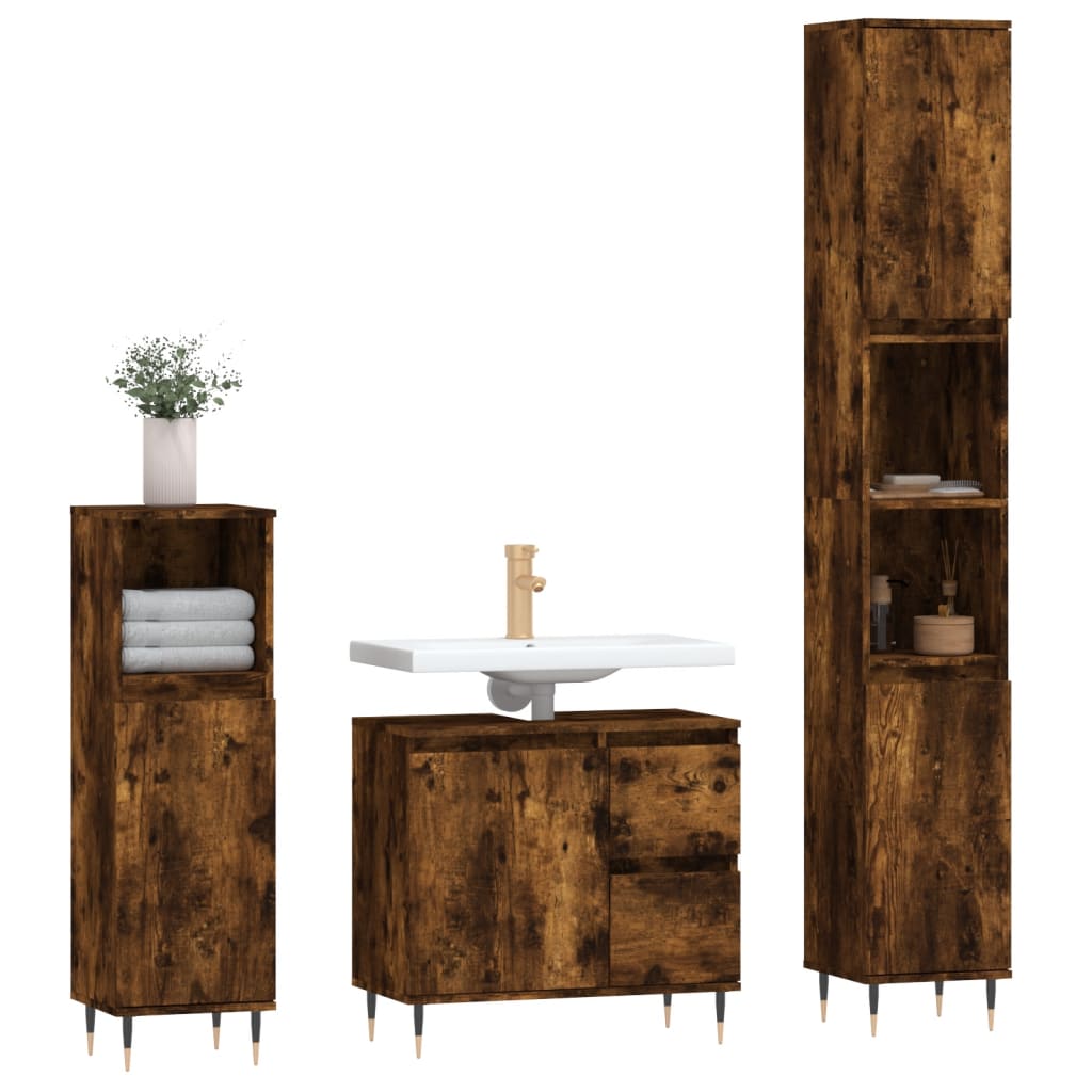 3-delige Badkamermeubelset bewerkt hout gerookt eikenkleurig is nu te koop bij PeponiXL, paradijselijk wonen!