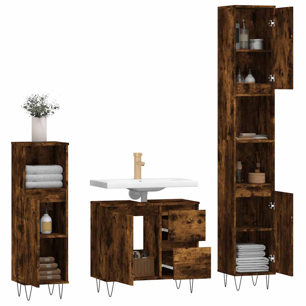 3-delige Badkamermeubelset bewerkt hout gerookt eikenkleurig is nu te koop bij PeponiXL, paradijselijk wonen!