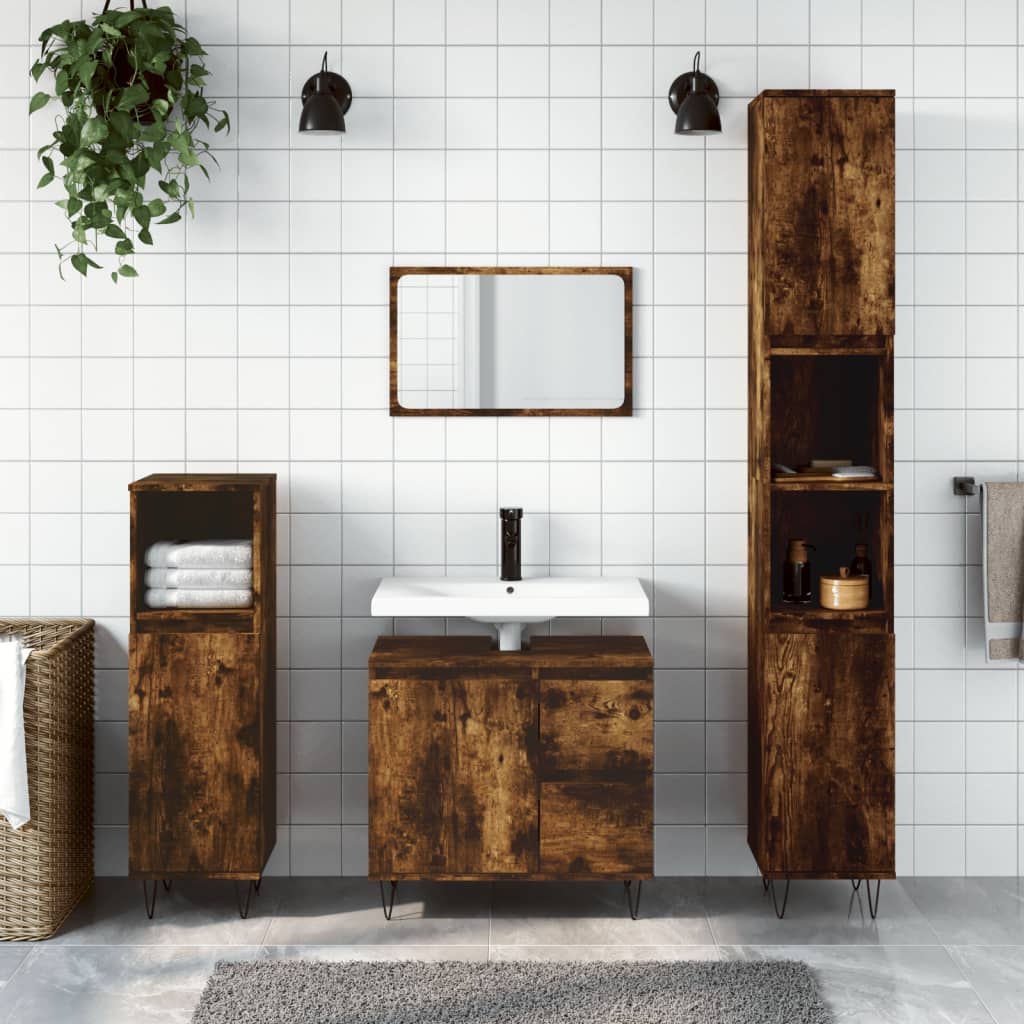 3-delige Badkamermeubelset bewerkt hout gerookt eikenkleurig is nu te koop bij PeponiXL, paradijselijk wonen!