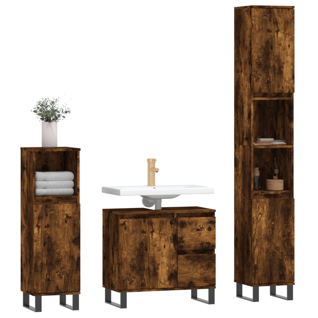 3-delige Badkamermeubelset bewerkt hout gerookt eikenkleurig is nu te koop bij PeponiXL, paradijselijk wonen!